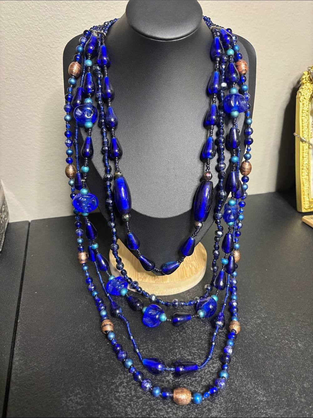 Vintage Heavy Multi-Strand Deep Blue Glass Bead Statement Handcrafted Necklace